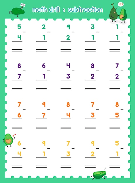 Vector math drill plus the numbers in maths subject exercises sheet kawaii doodle vector cartoon