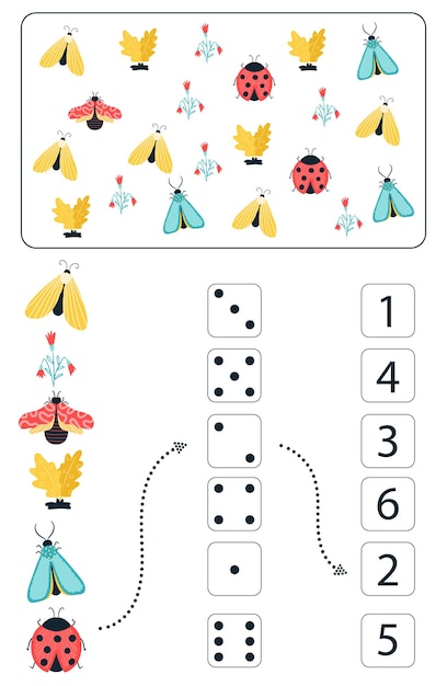 Vector math educatief spel voor kinderen. math werkblad voor kinderen met kleurrijke insecten, vlinders, kevers, bloemen. vector, cartoon-stijl.