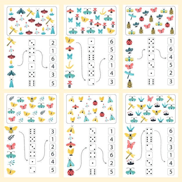 Math educatief spel voor kinderen. Math werkblad voor kinderen met kleurrijke insecten, vlinders, kevers, bloemen. Vector, cartoon-stijl.