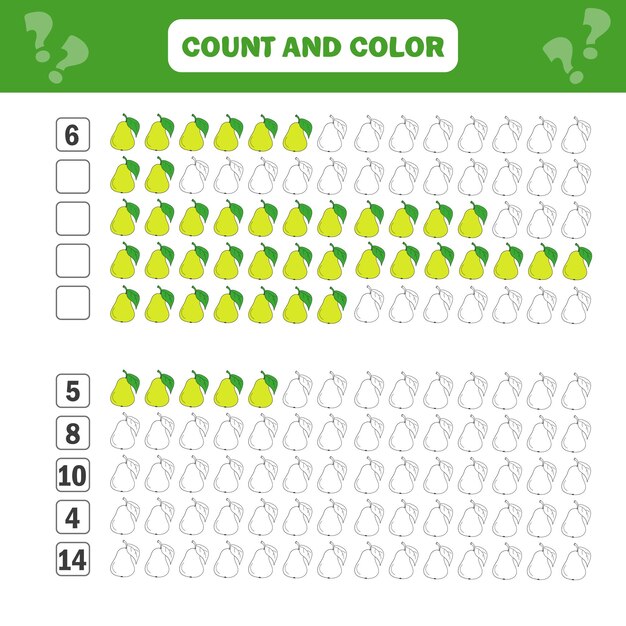 Math educatief spel voor kinderen. vergelijkingen tellen. werkblad optellen - tellen en kleuren