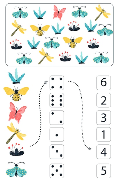 아이들을 위한 수학 교육 게임. 다채로운 곤충, 나비, 딱정벌레, 꽃을 가진 아이들을 위한 수학 워크시트. 벡터, 만화 스타일입니다.