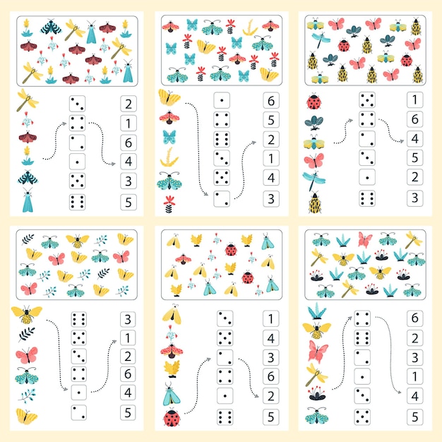 子供のための数学教育ゲーム。カラフルな昆虫、蝶、カブトムシ、花を持つ子供のための数学のワークシート。ベクトル、漫画のスタイル。