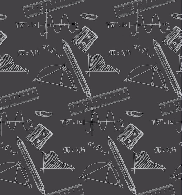 Vettore formule e pastelli di per la matematica disegnati su una lavagna