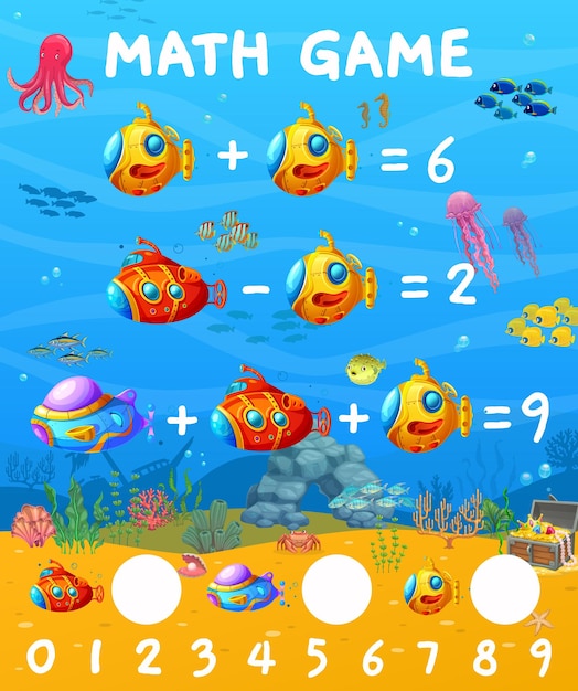 Vector math game cartoon submarines and bathyscaphes