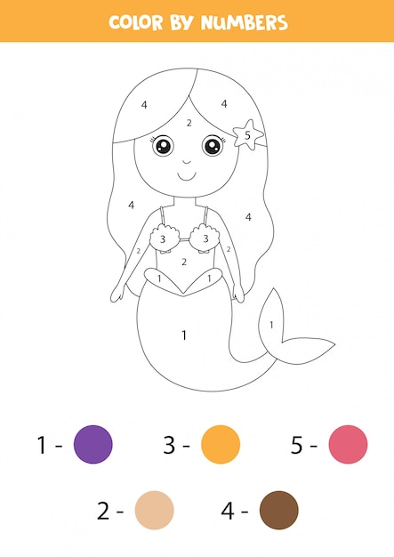 Math game for children. color cute mermaid by numbers.