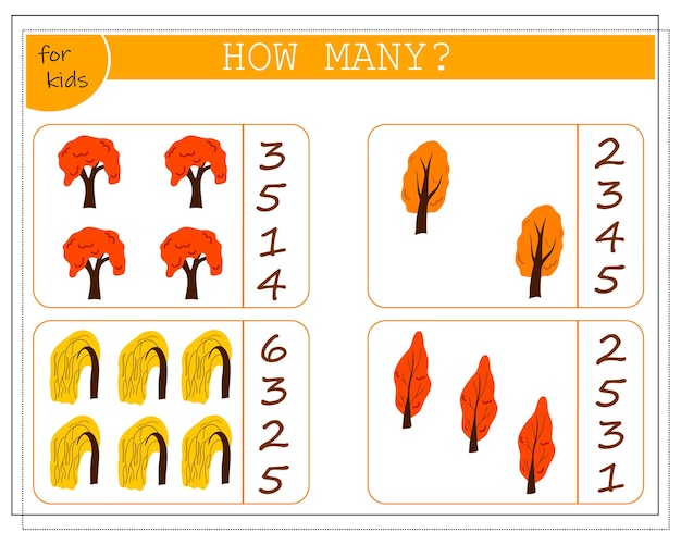 어린이를 위한 수학 게임은 흰색 배경에 격리된 가을 나무 벡터 수를 계산합니다.