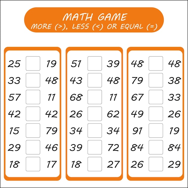 Math game for kids. compare pairs of numbers and put correct symbol - more, less of equal