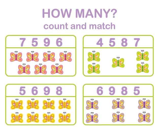 Математическая игра для детей «Посчитай милых бабочек» Рабочие листы для печати