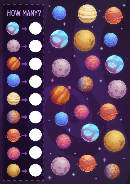 Math game for kids, how many planets in space