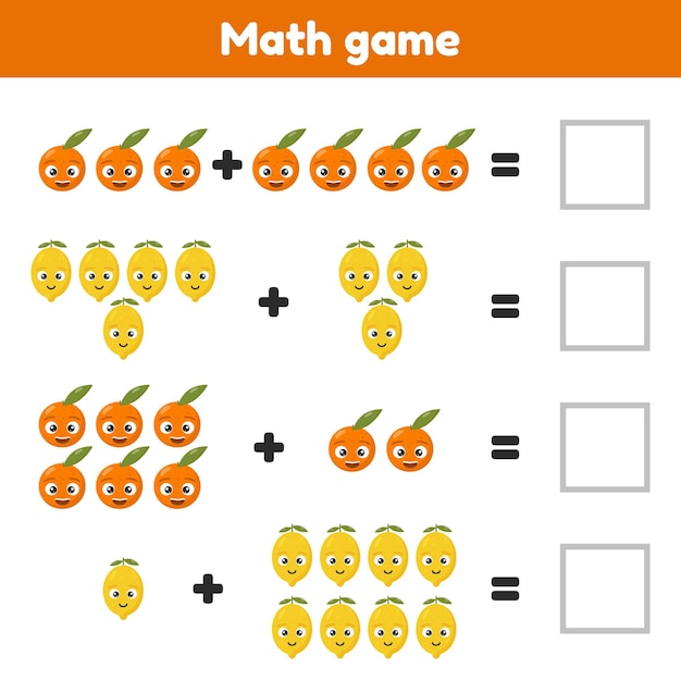 Gioco di matematica per bambini in età prescolare e scolare contare e inserire i numeri corretti addition fruits