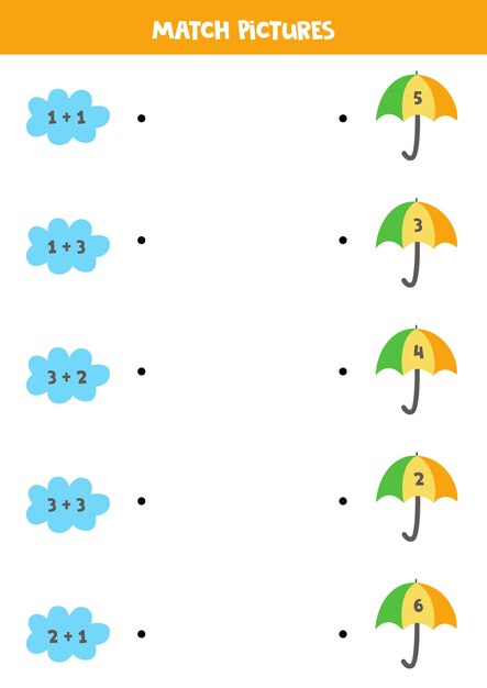 Gioco di matematica per bambini in età prescolare. aggiunta per i bambini. abbina nuvole e ombrelloni.