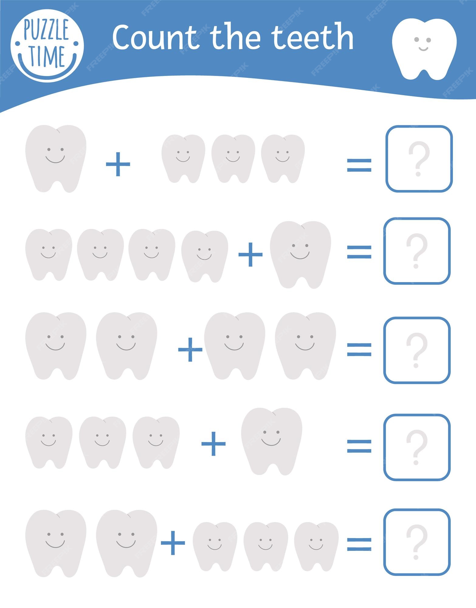 Premium Vector | Math game with teeth. dental care mathematic activity for preschool children. printable counting worksheet. educational addition riddle with cute funny elements. mouth hygiene quiz for kids Premium Vector | Math game with teeth. dental care mathematic activity for preschool children. printable counting worksheet. educational addition riddle with cute funny elements. mouth hygiene quiz for kids