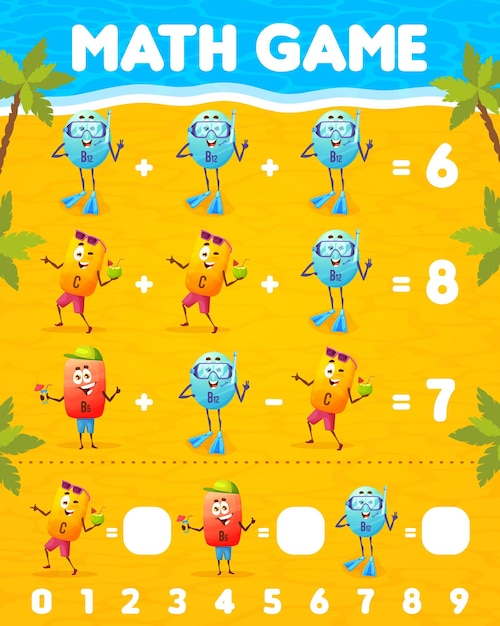 Math Game with vitamin characters on summer beach