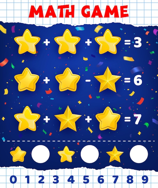 Vector math game worksheet cartoon golden yellow stars