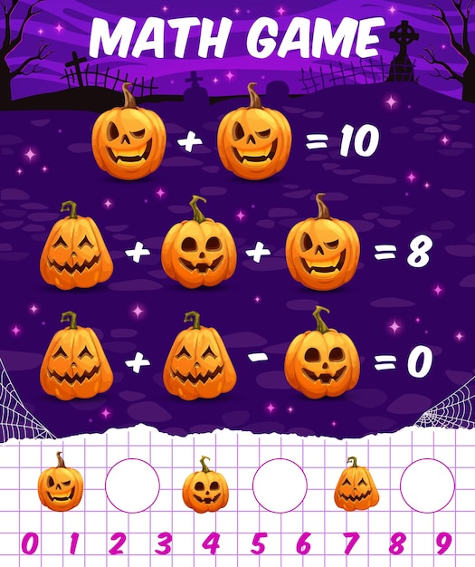 Foglio di lavoro del gioco di matematica zucche di halloween del fumetto sul cimitero enigma di matematica vettoriale per l'istruzione e l'apprendimento dei bambini sviluppo dell'attività di puzzle di calcolo con divertenti lanterne jack