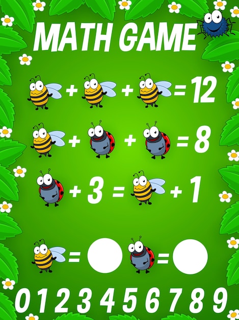 Math game worksheet with cartoon funny insects