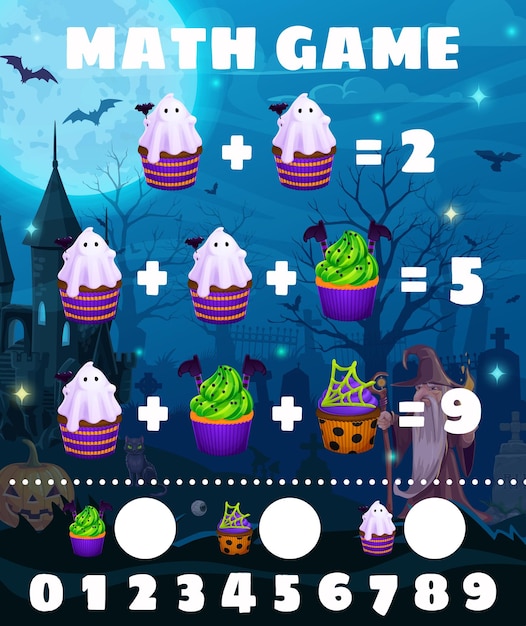 Foglio di lavoro del gioco di matematica con i dolci di halloween