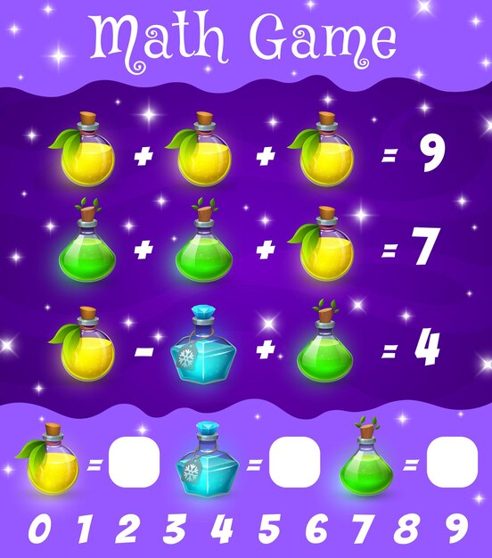 Vector math game worksheet with magic potion bottles