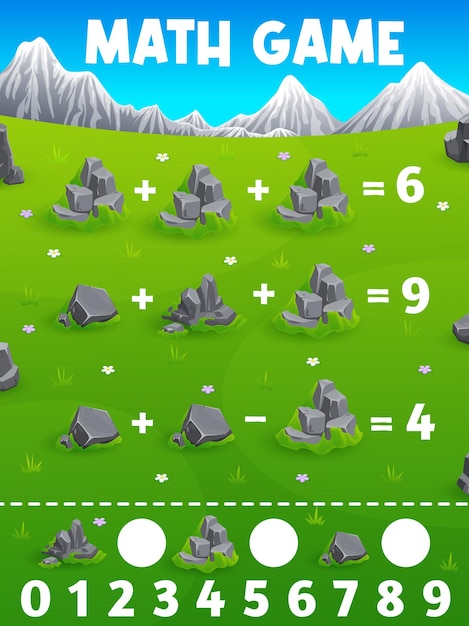 Math game worksheet with stones rocks on meadow