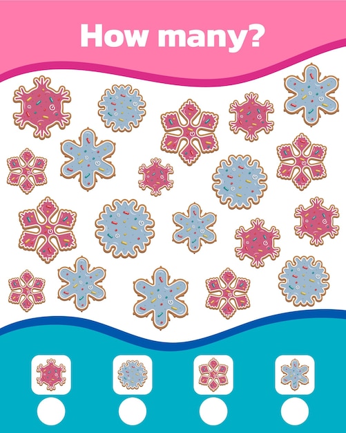 Math kleurrijk spel voor kinderen hoeveel schattige zoete peperkoek sneeuwvlokken zijn er