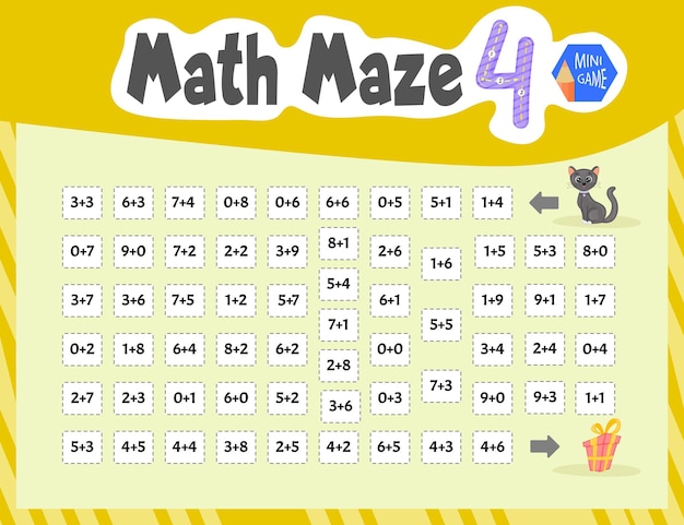 Math maze è un mini gioco per bambini. stile cartone animato. illustrazione vettoriale.