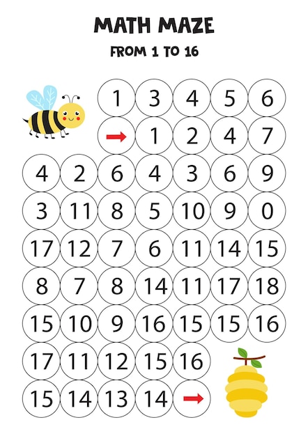 Math maze with cute kawaii bee and beehive