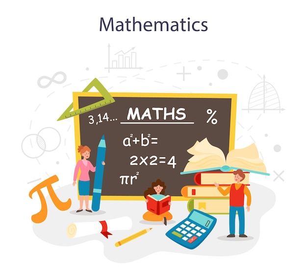 Предмет математической школы изучение математики, геометрии и алгебры абстрактная задача с математическим расчетом теоретическая и инженерная формула изолированная плоская векторная иллюстрация