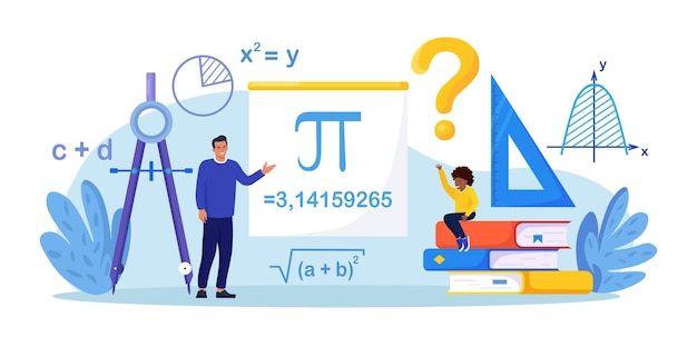 数学の教科 教室で数学を勉強している生徒 子供たちに教える黒板を指差す先生 子供たちは数学の算術代数と幾何学を学ぶ 教育の知識