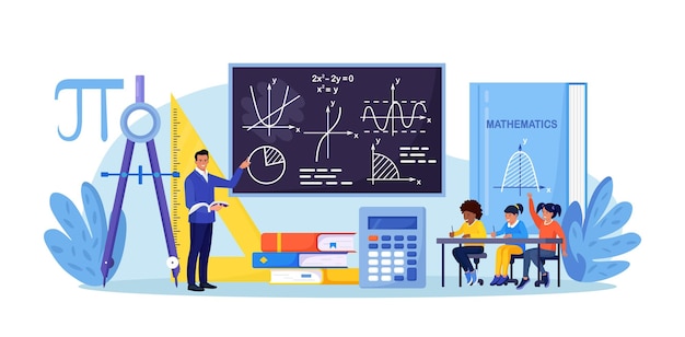 Vettore materia scolastica di matematica alunni che studiano matematica in classe insegnante che indica alla lavagna che insegna ai bambini i bambini ai banchi imparano la matematica, l'aritmetica, l'algebra e la geometria conoscenza dell'istruzione