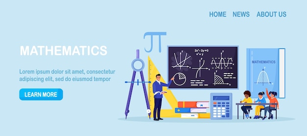 벡터 수학 학교 과목 교실에서 수학을 공부하는 학생들 칠판을 가르키는 교사 책상에서 아이들은 수학 산술 대수학 및 기하학 교육 지식을 배웁니다