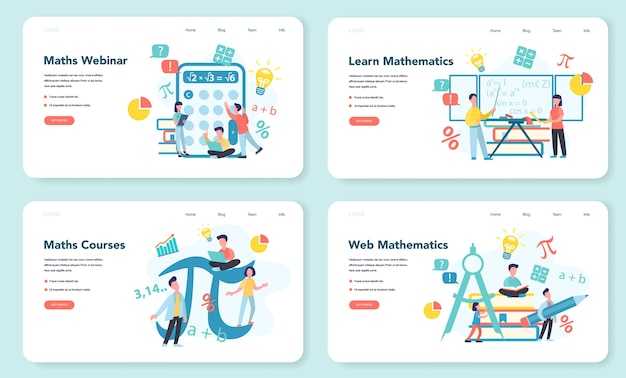 ベクトル 数学の教科のwebバナーまたはランディングページセット。数学、教育と知識のアイデアを学びます。科学、技術、工学、数学教育。