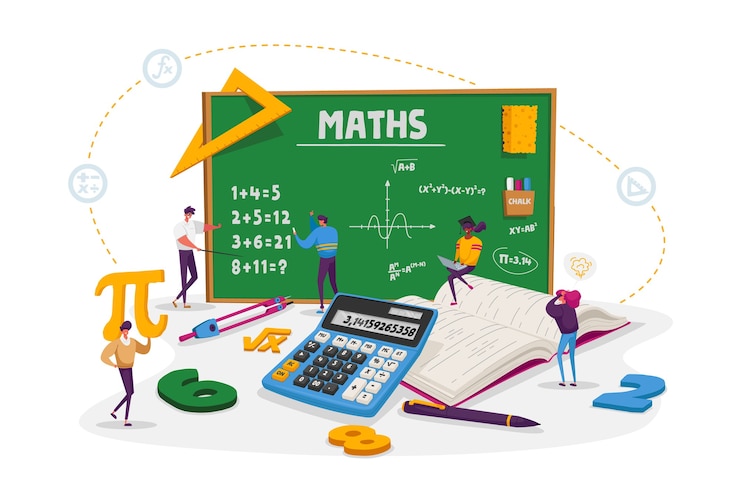 Vector math science concept. kleine mannelijke en vrouwelijke studentenfiguren in laboratorium- of schoolklas die wiskunde leren op enorm schoolbord. mensen krijgen onderwijs en schrijven een formule. tekenfilm