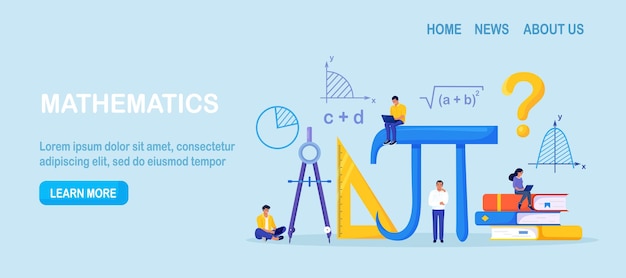 Концепция математической науки крошечные персонажи студентов в лаборатории или школьном классе, изучающие математику люди, изучающие арифметику алгебра наука инженерное образование математический анализ гипотеза вычисление