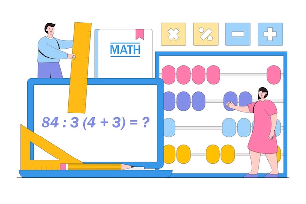 문자로 수학 과학 개념 교육을 받는 사람들 개요 디자인 스타일 방문 페이지 웹 배너 Infographics 영웅 이미지에 대한 최소 벡터 그림