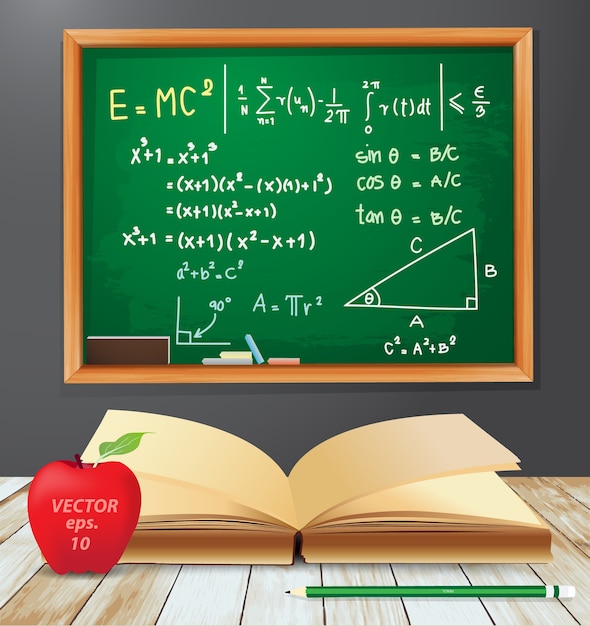 開いた本を持つ数学記号emc2の黒板の図