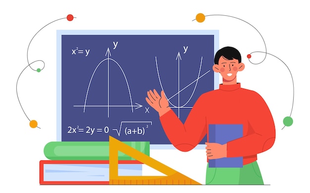 Vector math teacher concept young guy give lesson or lecture character near blackboad with equation