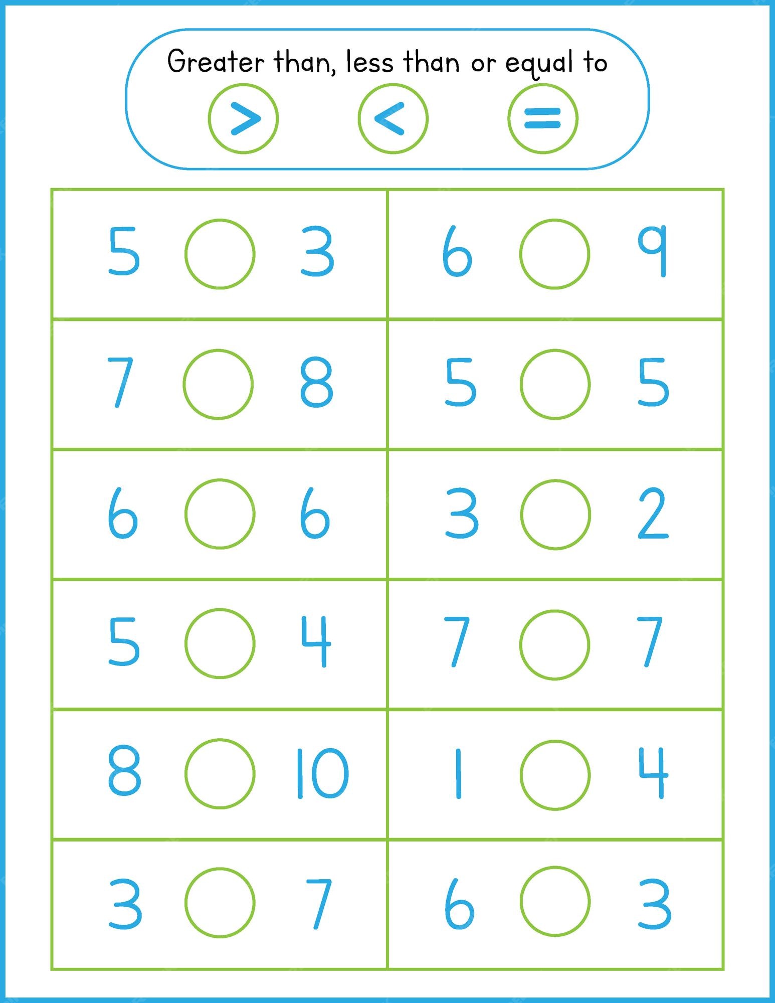 kindergarten math worksheets greater than less than