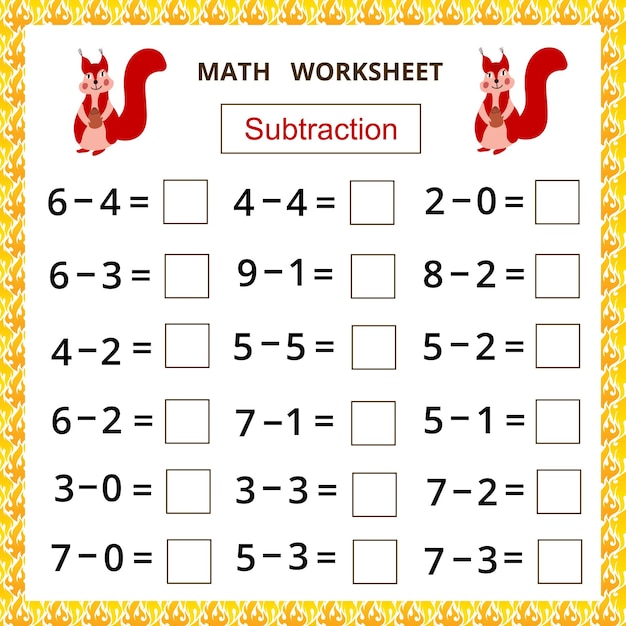 Foglio di lavoro di matematica per bambini. sottrazione.