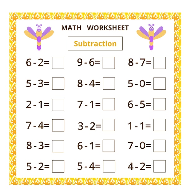 Math worksheetSubtractionEducational card with cartoon dragonfly for children