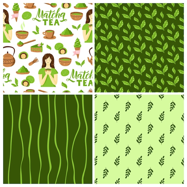 Vector matha tea leaf organic seamless pattern set floral design template for packaging menu restaurant wrapping paper vector illustration of matcha green tea leaves as repeat background