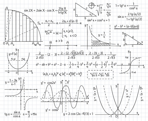 Formule matematiche di algebra, equazione scarabocchio e segni grafici. set di illustrazioni vettoriali per formule ed equazioni matematiche, geometriche o fisiche. simboli di calcolo scientifico