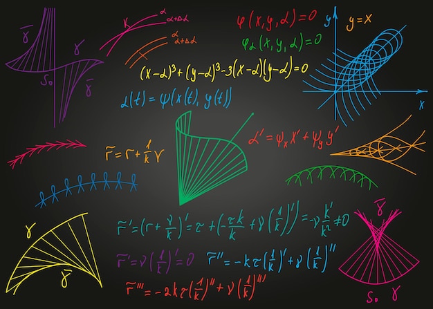 Formule matematiche colorate disegnate a mano su una lavagna nera sporca per il vettore di sfondo...