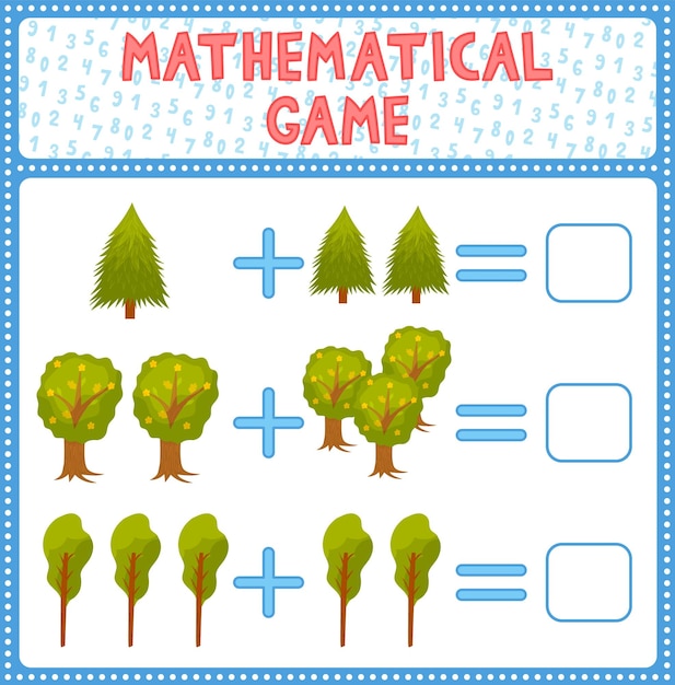 Vector mathematical count game for kids can you solve this children funny riddle entertainment find right answer mathematics vector activity page and game matching task with trees