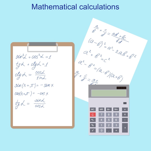 Le formule matematiche. calcolatrice, tablet e carta bianca in uno stile piatto. formule scritte a mano. curriculum scolastico l'apprendimento della matematica. il concetto educativo. illustrazione vettoriale.