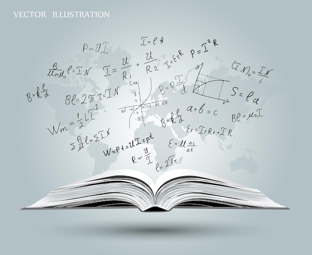 Mathematical formulas and graphs on the open book