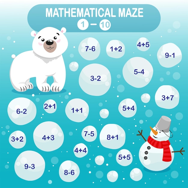 Mathematical maze game for young children Winter collection polar bear and snowman