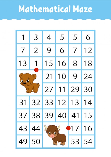 Mathematical rectangle maze. bear and yak. Game for kids. Number labyrinth. Education worksheet.