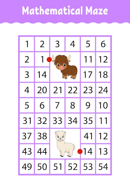 Mathematical rectangle maze. Yak and alpaca. Game for kids. Number labyrinth. Education worksheet.