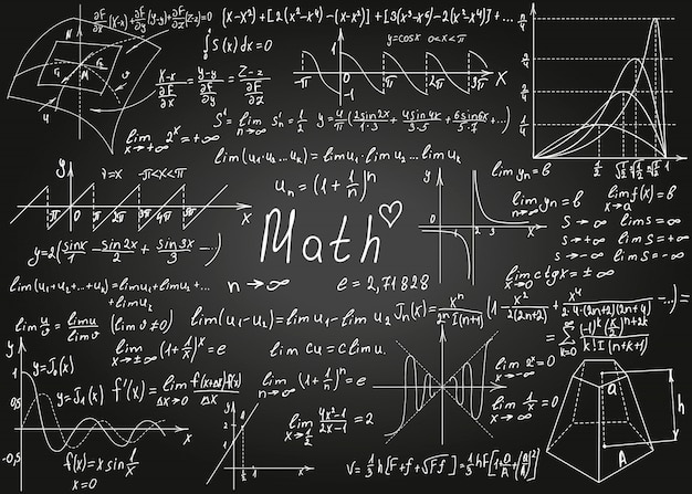 Mathematical white formulas drawn by hand on the black chalkboard for the background.  illustration.