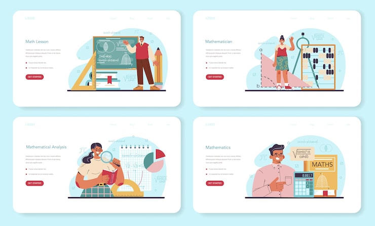 Vector mathematician web banner or landing page set. mathematician use formulas and diagrams to research and formulate new calculation. math analysis and conjecture computing. vector flat illustration